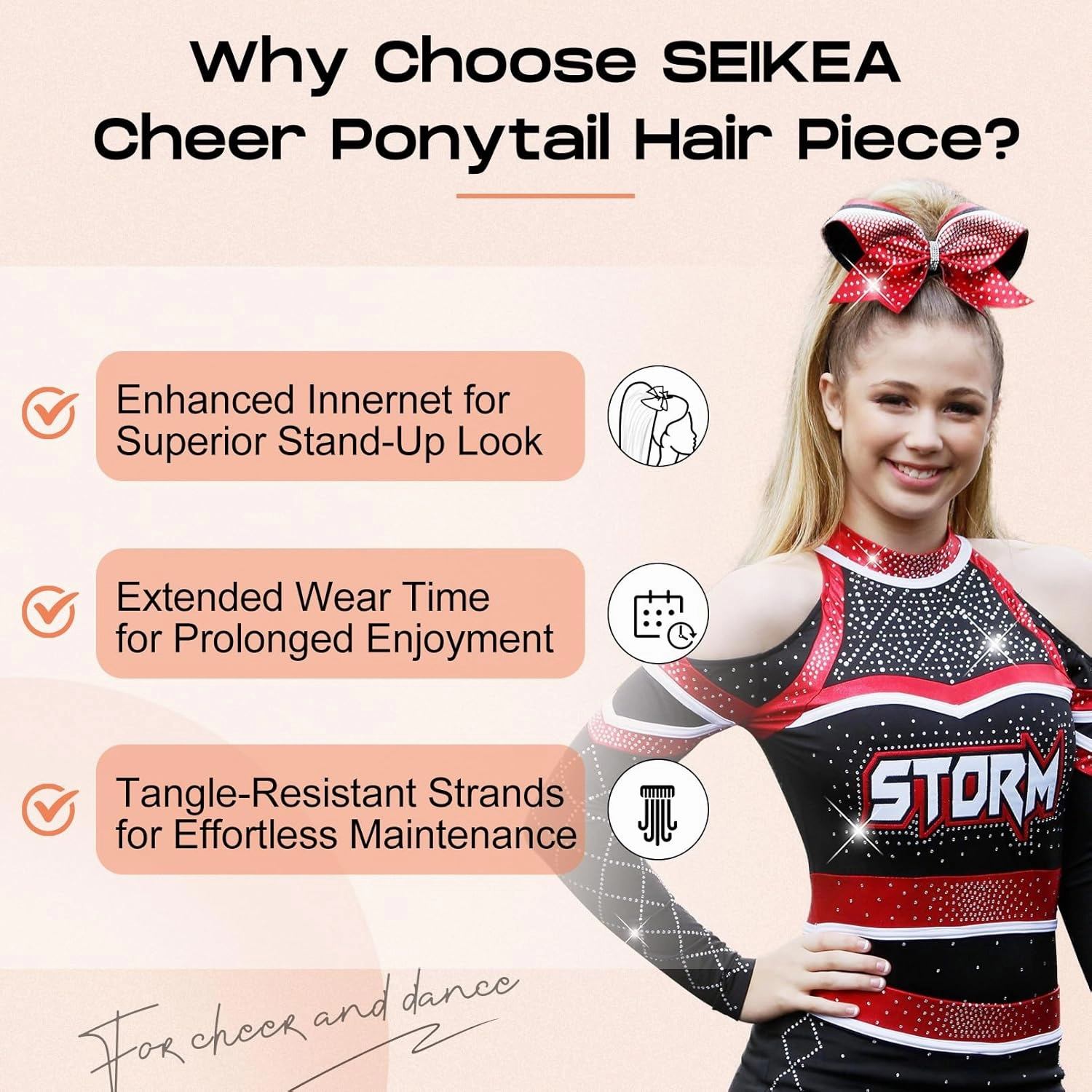 SEIKEA Cheer Ponytail Hair Piece, 16" Straight Cheerleader Hairpiece Ponytail Extension for Cheerleader Competition, Dance Ash Blonde with Blonde Highlights
