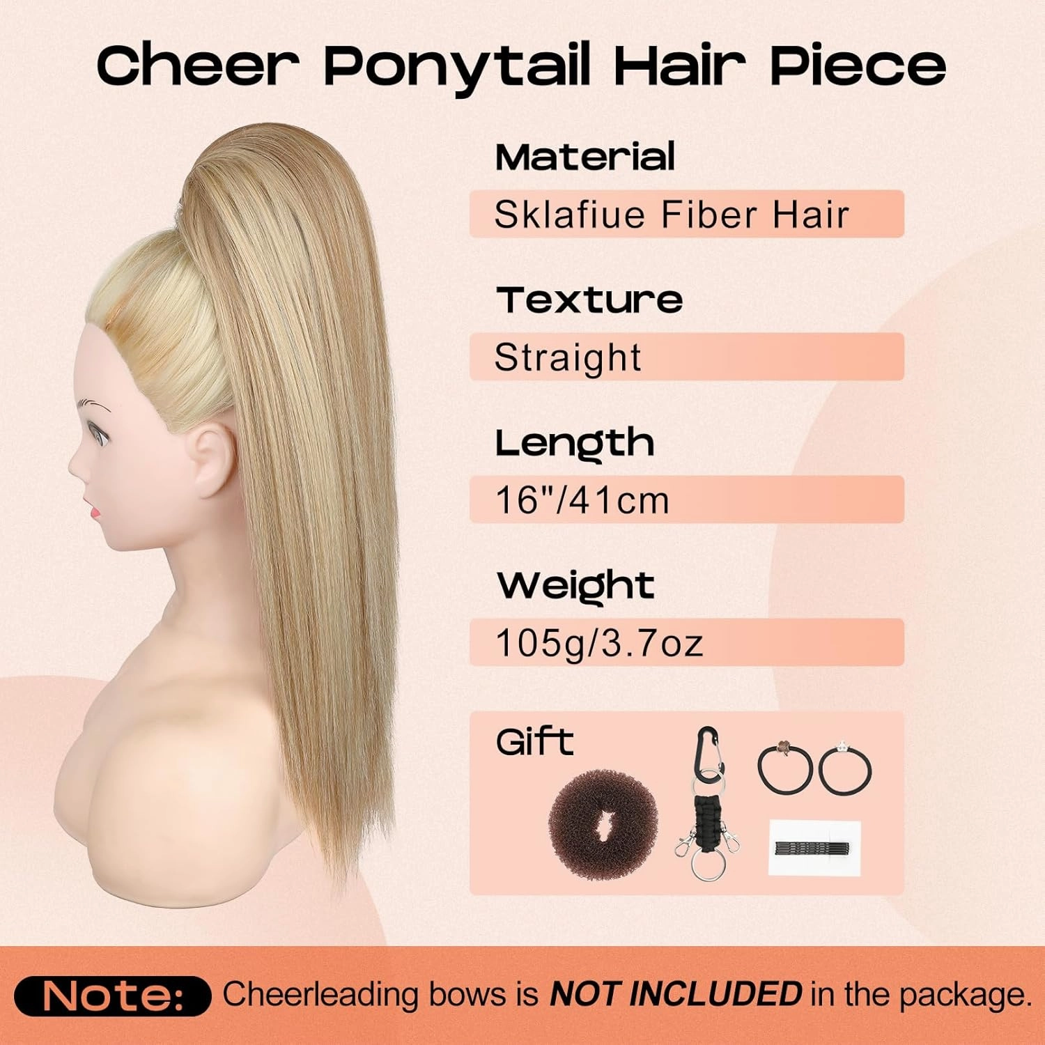 SEIKEA Cheer Ponytail Hair Piece, 16" Straight Cheerleader Hairpiece Ponytail Extension for Cheerleader Competition, Dance Ash Blonde with Blonde Highlights
