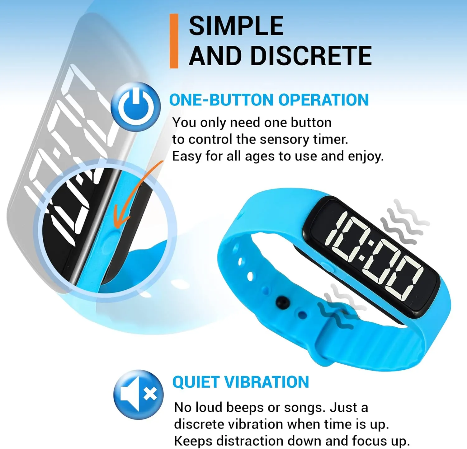 Sensory Wrist Timer for Kids, Teachers, Students, Simple Reminder Watch with Silent Alarm Clock Wristband, Classroom Countdown (Blue)
