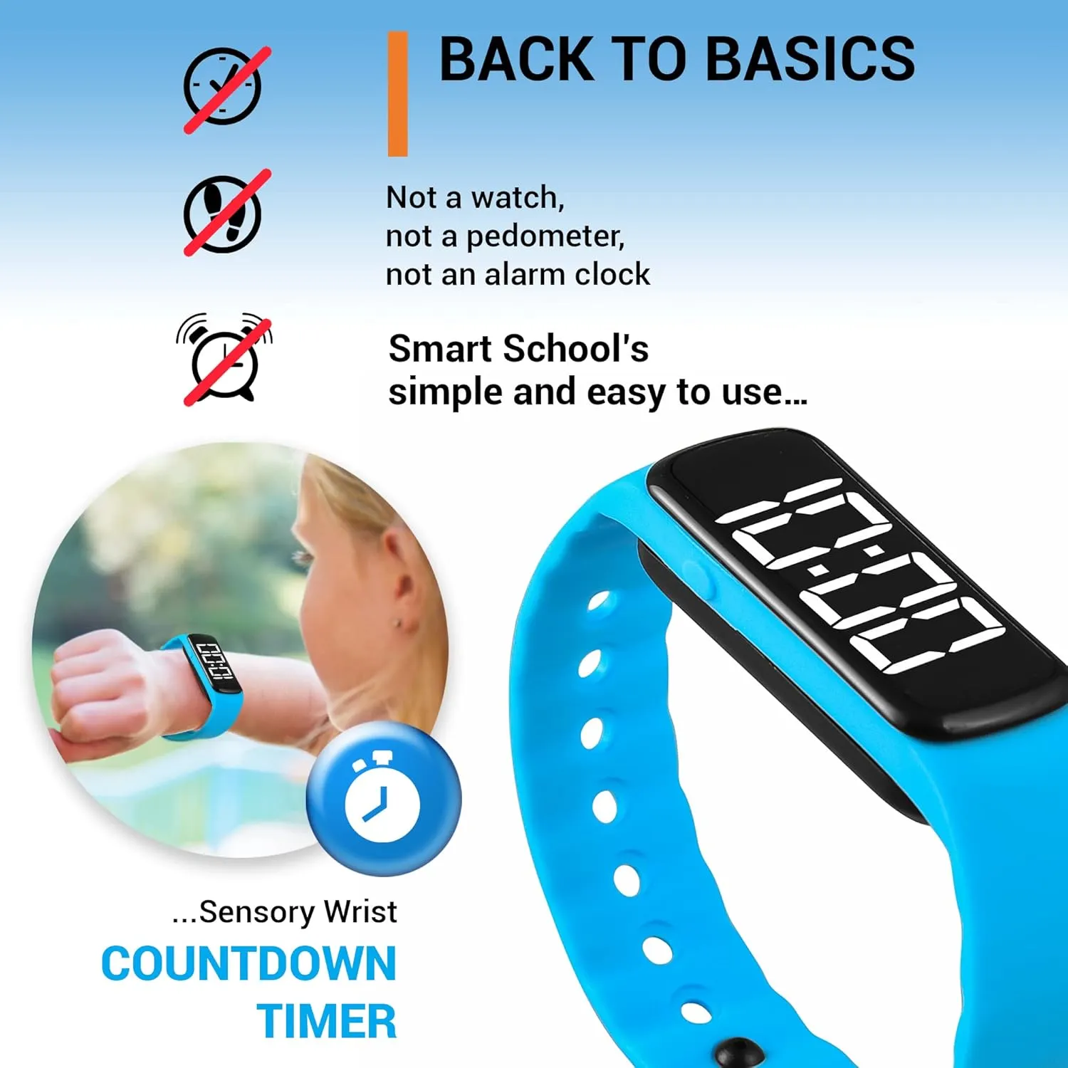 Sensory Wrist Timer for Kids, Teachers, Students, Simple Reminder Watch with Silent Alarm Clock Wristband, Classroom Countdown (Blue)