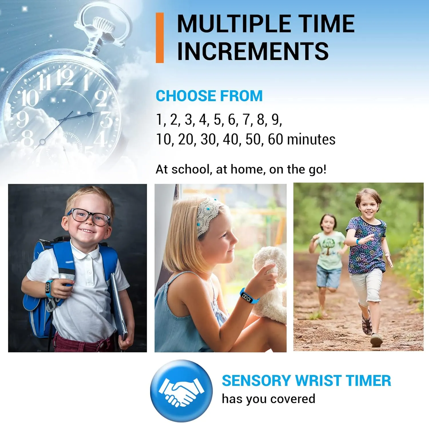 Sensory Wrist Timer for Kids, Teachers, Students, Simple Reminder Watch with Silent Alarm Clock Wristband, Classroom Countdown (Blue)