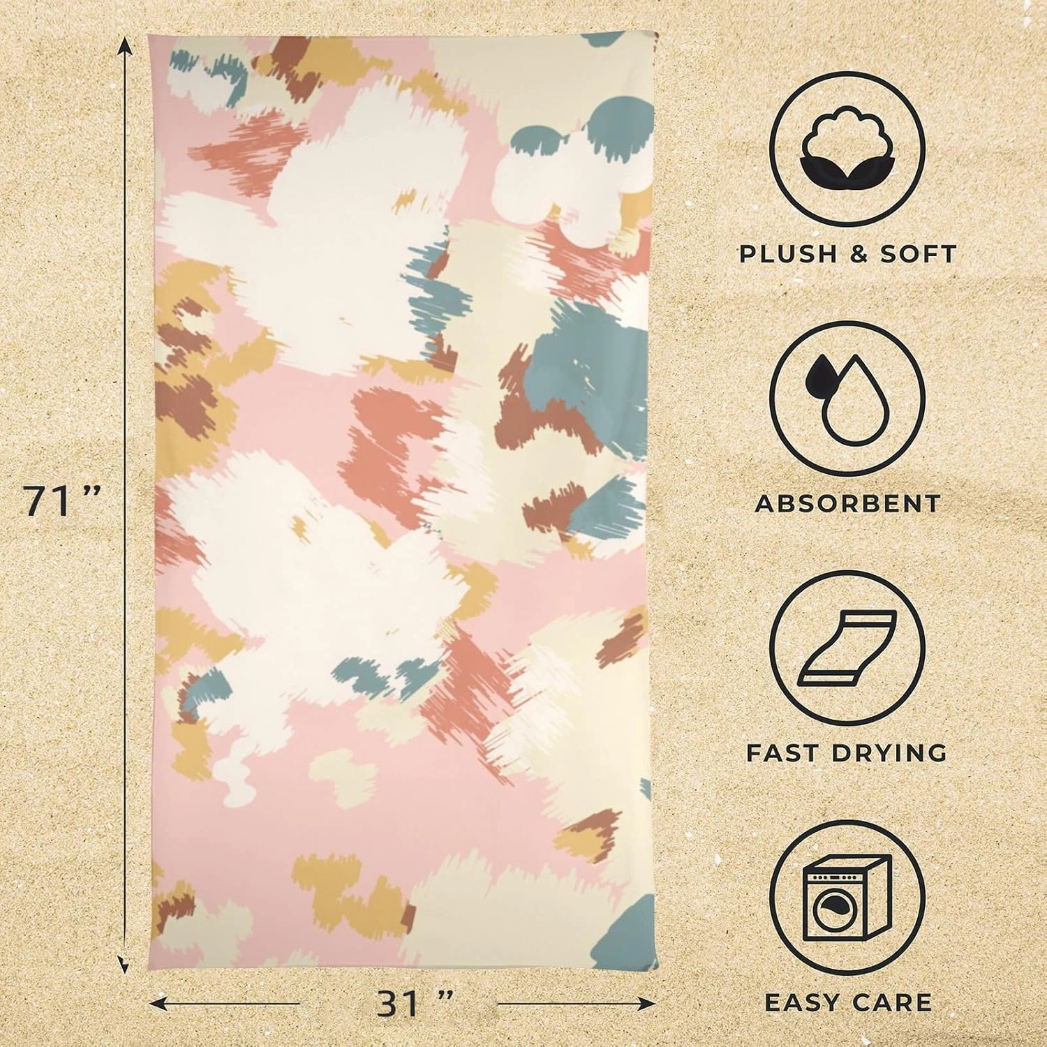 senya Beach Towel Beach Blanket Mat 71”x 31” Abstract Floral Camouflage Pool Towel Portable for Beach Festival Picnic Travel Outdoor Camping