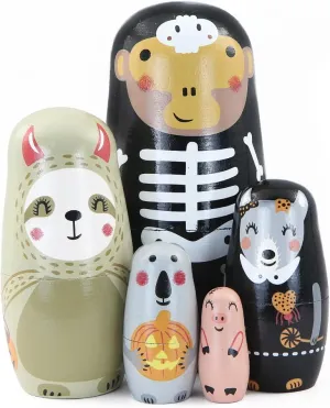 Set of 5 Halloween Animal Nesting Dolls Monkey Raccoon Wolf Otter Pig with Skull Devil Pumpkin Wooden Russian Nesting Doll Matryoshka Kid Stacking Toy Dolls for Home Haunted House Decoration