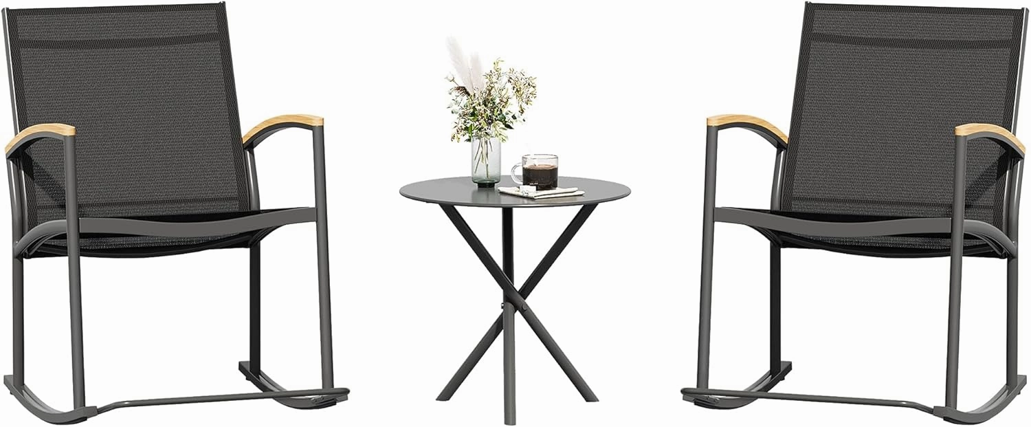 Shintenchi 3 Piece Outdoor Rocking Bistro Set, Textilene Fabric Small Patio Furniture Set, Front Porch Rocker Chairs Conversation Set with Table for Lawn, Garden, Balcony, Poolside (Carbon Black)
