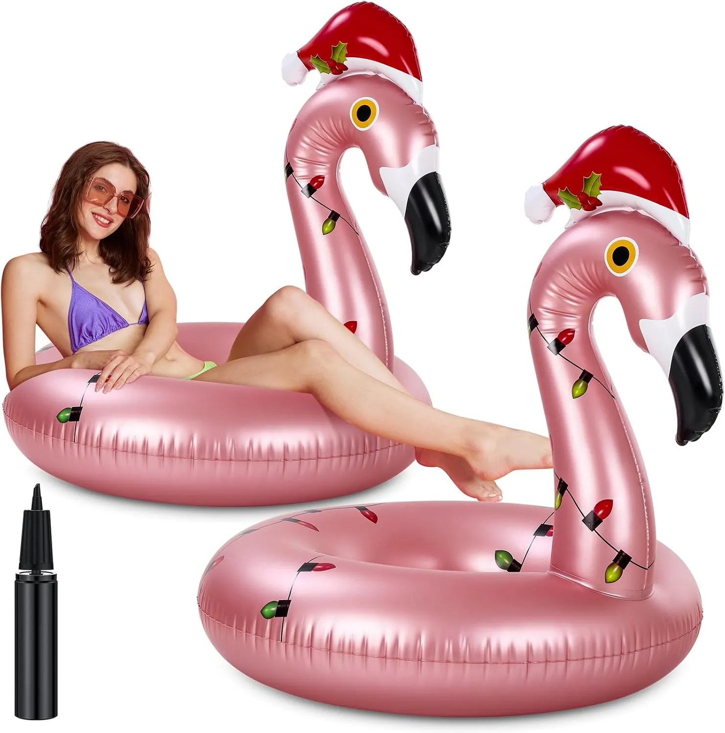 ShinyRelief 2 Pcs Christmas in July Flamingo Pool Floats 42" Large Flamingo Pool Float with Pump Fun Inflatable Swim Tube Rings for Adults Christmas in July Summer Beach Party Supplies