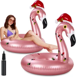ShinyRelief 2 Pcs Christmas in July Flamingo Pool Floats 42" Large Flamingo Pool Float with Pump Fun Inflatable Swim Tube Rings for Adults Christmas in July Summer Beach Party Supplies
