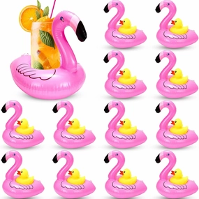 ShinyRelief 12 Pcs Inflatable Floating Flamingo Drink Holder 12 Pcs Yellow Rubber Ducks Swimming Pool Float Cup Holder Inflatable Floats for Rubber Ducks Pool Swimming Party Decoration