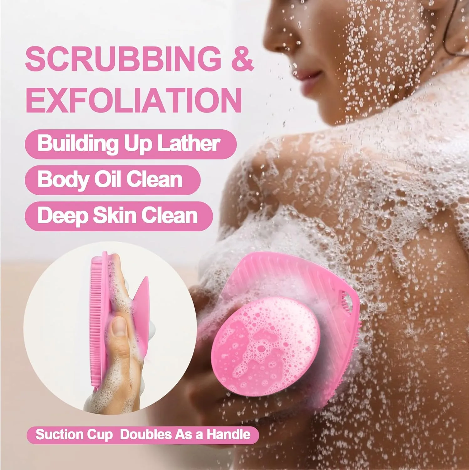 Silicone Body Scrubber, Gentle Texture Exfoliating Body Scrubber for Men and Women On Sensitive Skin, Soft Scrubber Produces Rich Form and Builds Up Lather, Getting a Deep Skin Clean (Pink)