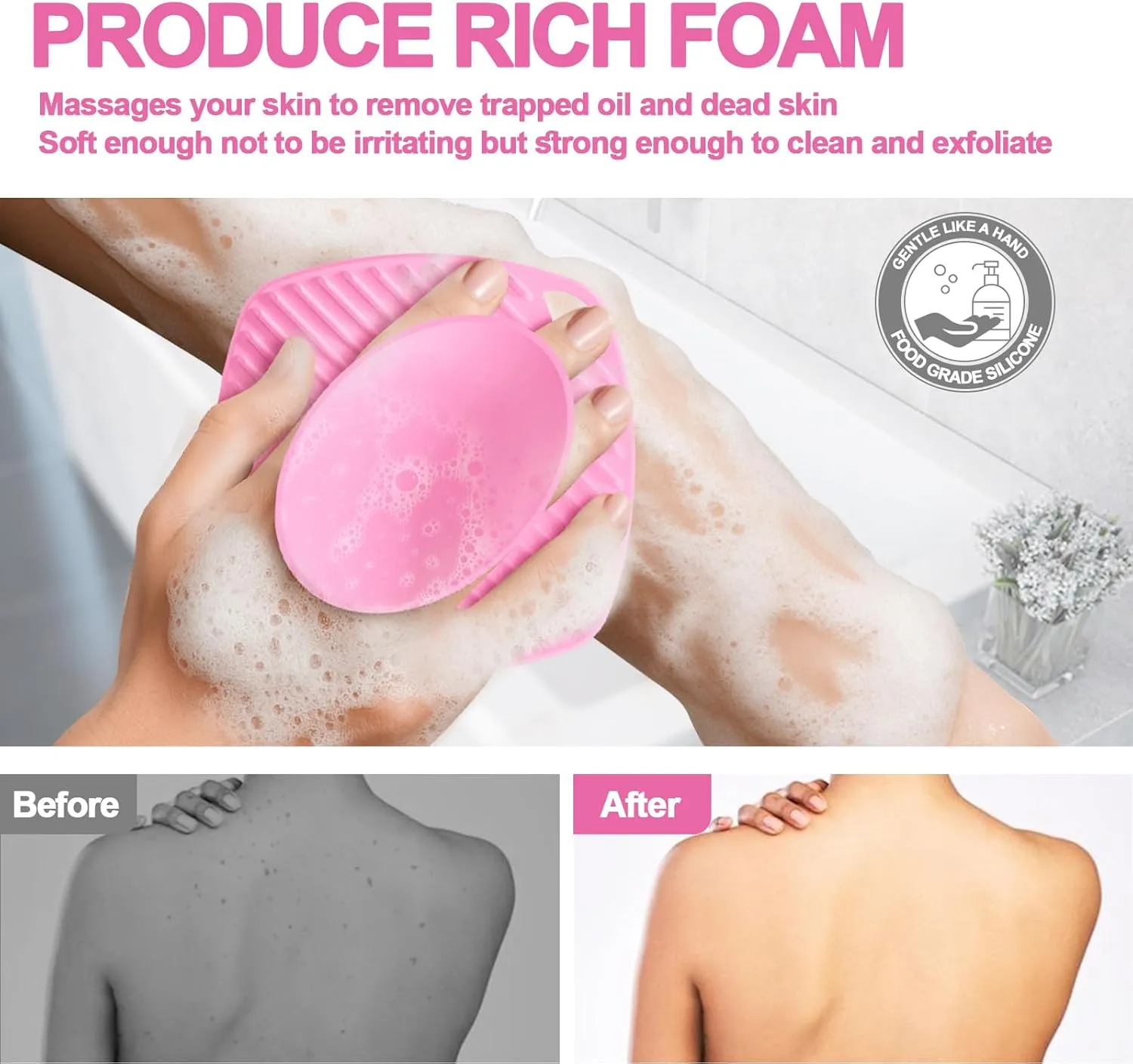 Silicone Body Scrubber, Gentle Texture Exfoliating Body Scrubber for Men and Women On Sensitive Skin, Soft Scrubber Produces Rich Form and Builds Up Lather, Getting a Deep Skin Clean (Pink)