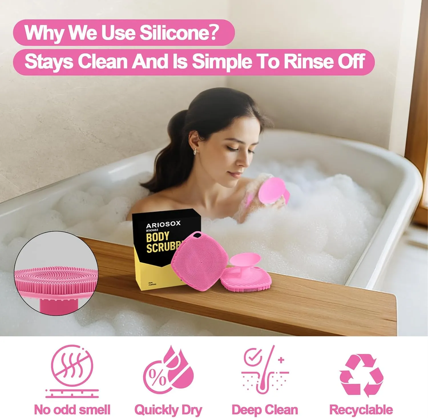 Silicone Body Scrubber, Gentle Texture Exfoliating Body Scrubber for Men and Women On Sensitive Skin, Soft Scrubber Produces Rich Form and Builds Up Lather, Getting a Deep Skin Clean (Pink)