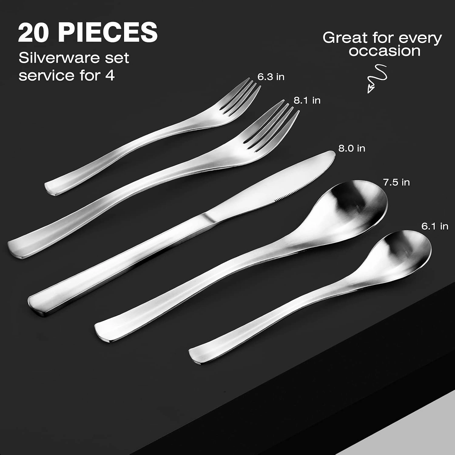 Silverware Set, Bysta 20-Piece Flatware Set, Stainless Steel Utensils Service for 4, Tableware Cutlery Set for Home and Restaurant, Include Knife/Fork/Spoon, Satin Finish, Dishwasher Safe