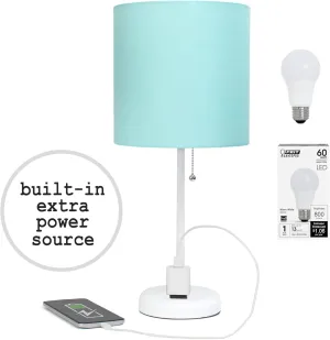 Simple Designs LT2024-AOW-LB 19.5" White Stick Table Desk Lamp with Charging Outlet and Drum Fabric Shade for Living Room, Hallway, Nightstand, Office, Aqua Shade, with Feit LED Bulb Included
