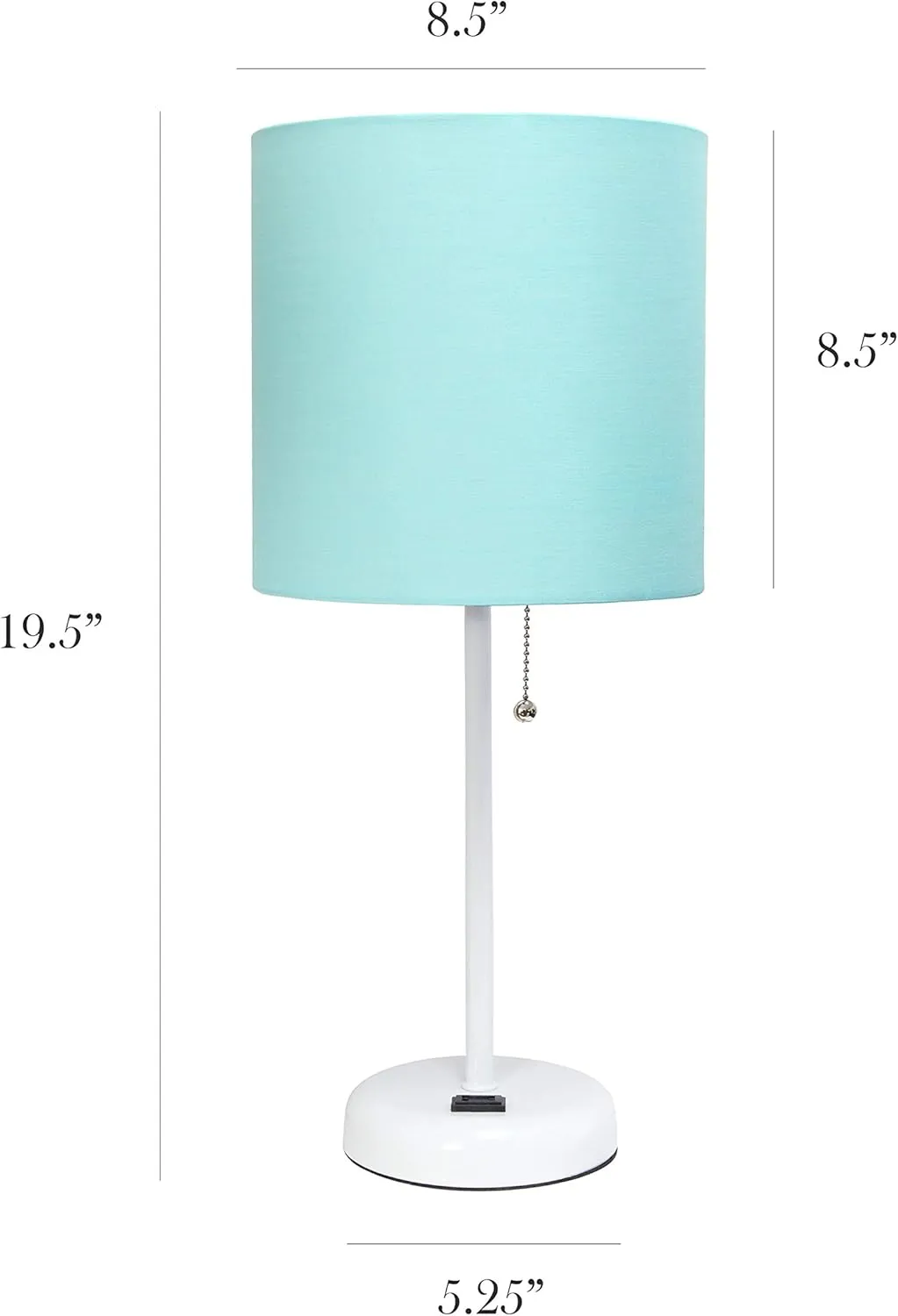 Simple Designs LT2024-AOW-LB 19.5" White Stick Table Desk Lamp with Charging Outlet and Drum Fabric Shade for Living Room, Hallway, Nightstand, Office, Aqua Shade, with Feit LED Bulb Included