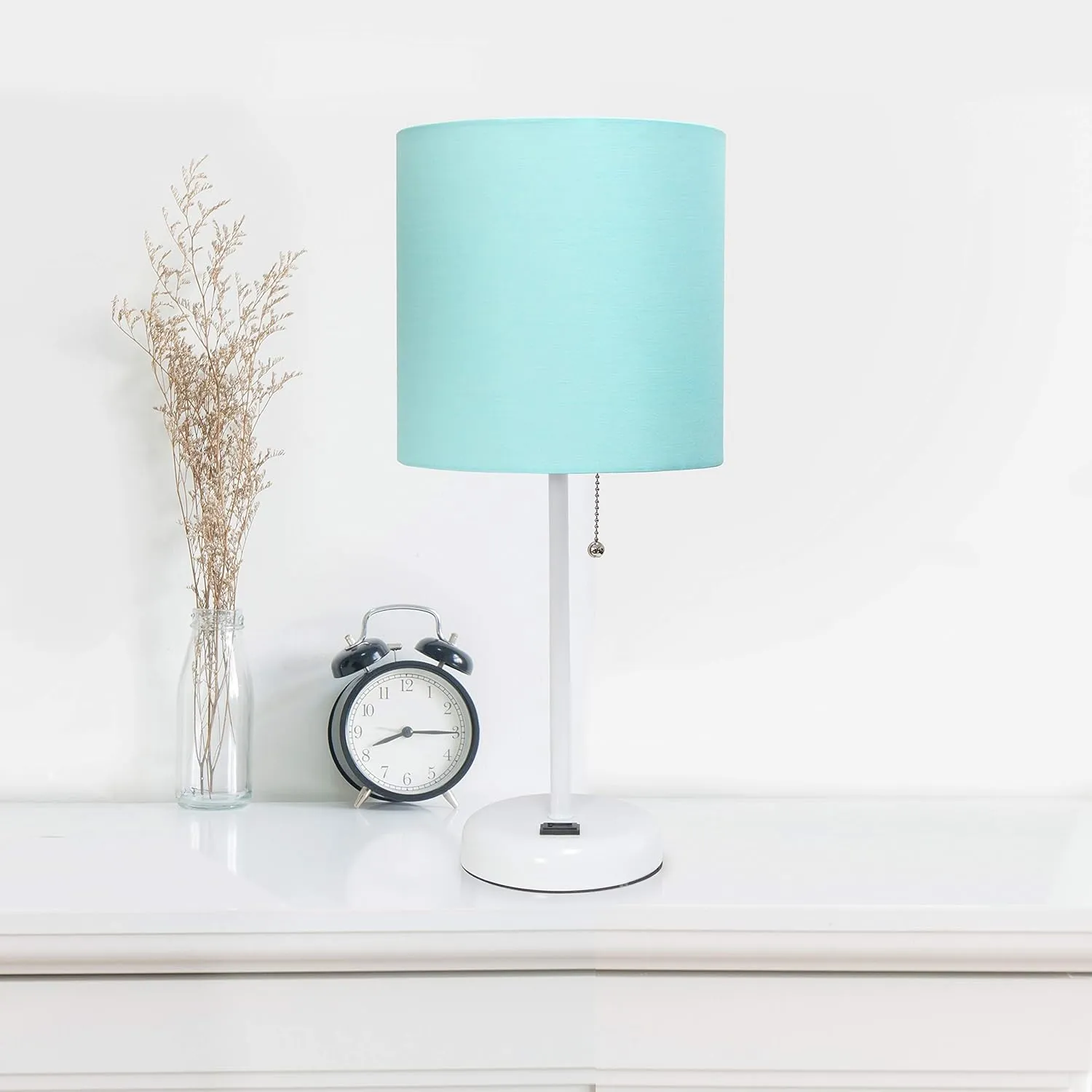 Simple Designs LT2024-AOW-LB 19.5" White Stick Table Desk Lamp with Charging Outlet and Drum Fabric Shade for Living Room, Hallway, Nightstand, Office, Aqua Shade, with Feit LED Bulb Included