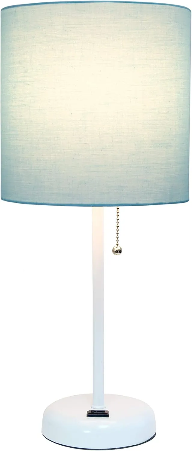Simple Designs LT2024-AOW-LB 19.5" White Stick Table Desk Lamp with Charging Outlet and Drum Fabric Shade for Living Room, Hallway, Nightstand, Office, Aqua Shade, with Feit LED Bulb Included