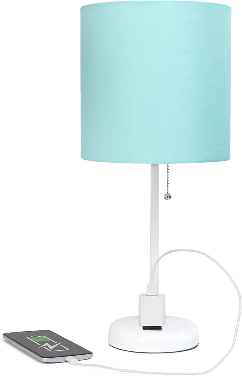 Simple Designs LT2024-AOW-LB 19.5" White Stick Table Desk Lamp with Charging Outlet and Drum Fabric Shade for Living Room, Hallway, Nightstand, Office, Aqua Shade, with Feit LED Bulb Included