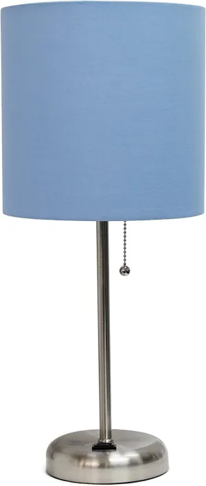Simple Designs LT2024-BLU Brushed Steel Stick Table Desk Lamp with Charging Outlet and Drum Fabric Shade, Blue Shade