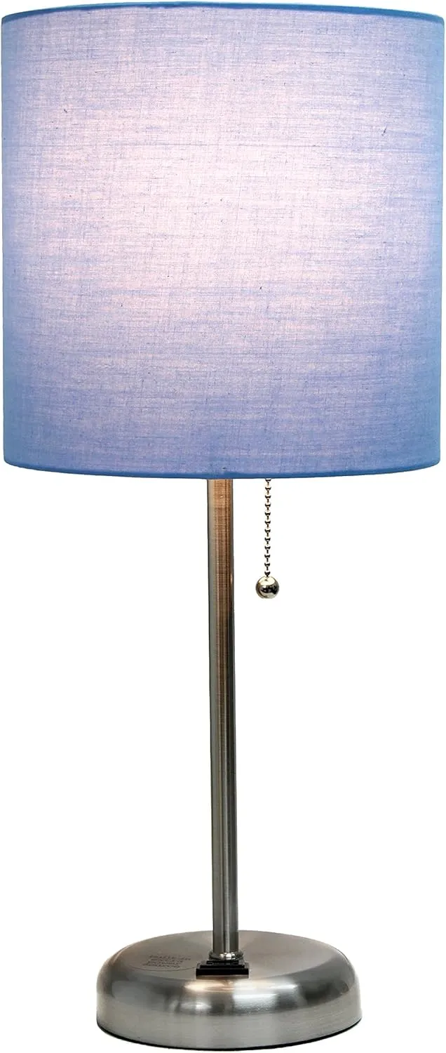 Simple Designs LT2024-BLU Brushed Steel Stick Table Desk Lamp with Charging Outlet and Drum Fabric Shade, Blue Shade