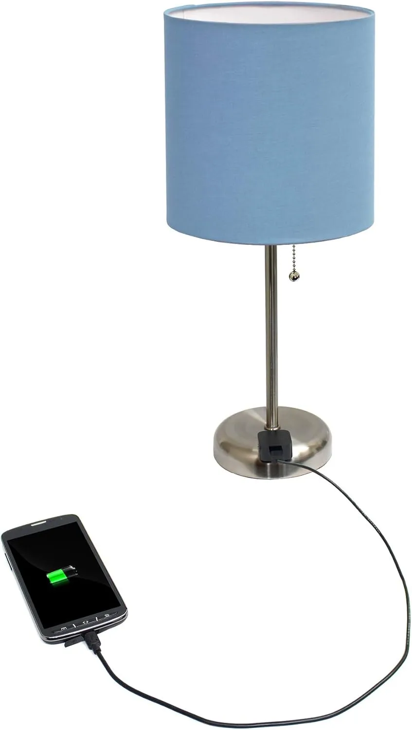 Simple Designs LT2024-BLU Brushed Steel Stick Table Desk Lamp with Charging Outlet and Drum Fabric Shade, Blue Shade