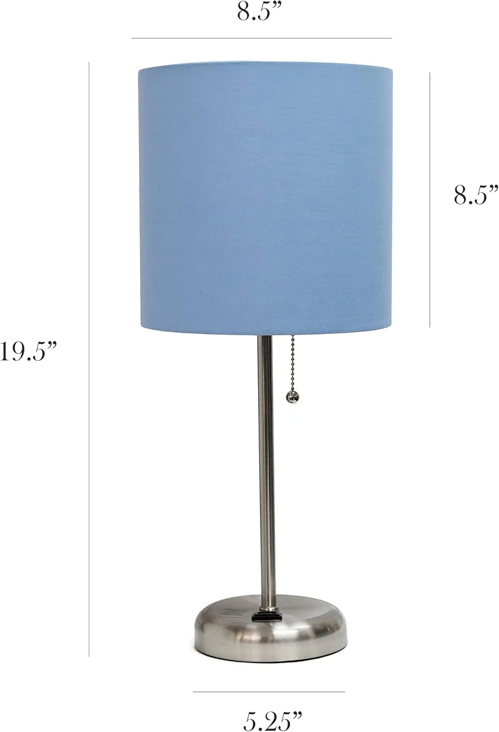 Simple Designs LT2024-BLU Brushed Steel Stick Table Desk Lamp with Charging Outlet and Drum Fabric Shade, Blue Shade