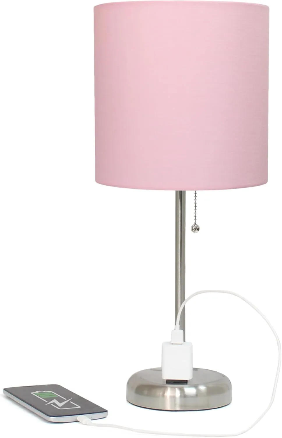 Simple Designs LT2024-LPK Brushed Steel Stick Table Desk Lamp with Charging Outlet and Drum Fabric Shade, Light Pink Shade (Pack of 2)