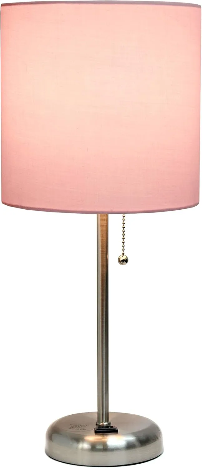 Simple Designs LT2024-LPK Brushed Steel Stick Table Desk Lamp with Charging Outlet and Drum Fabric Shade, Light Pink Shade (Pack of 2)