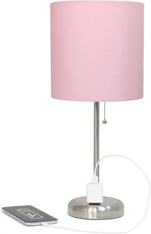 Simple Designs LT2024-LPK Brushed Steel Stick Table Desk Lamp with Charging Outlet and Drum Fabric Shade, Light Pink Shade (Pack of 2)
