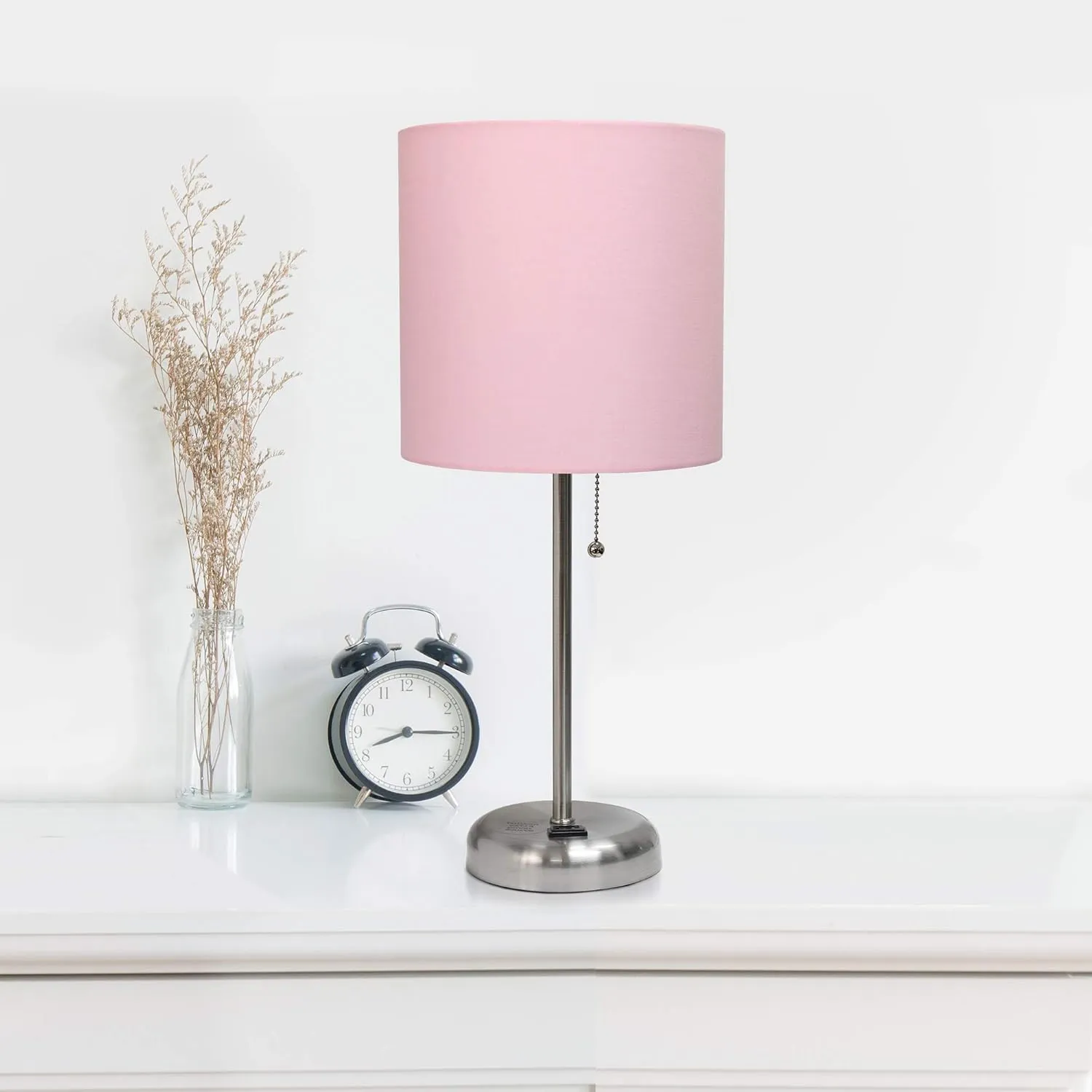 Simple Designs LT2024-LPK Brushed Steel Stick Table Desk Lamp with Charging Outlet and Drum Fabric Shade, Light Pink Shade (Pack of 2)