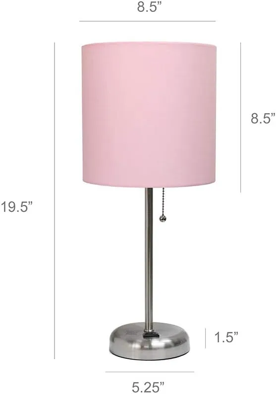 Simple Designs LT2024-LPK Brushed Steel Stick Table Desk Lamp with Charging Outlet and Drum Fabric Shade, Light Pink Shade (Pack of 2)