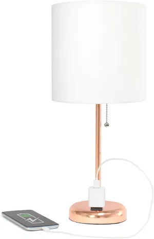Simple Designs LT2024-RGD Rose Gold Stick Table Desk Lamp with Charging Outlet and Drum Fabric Shade, White Shade