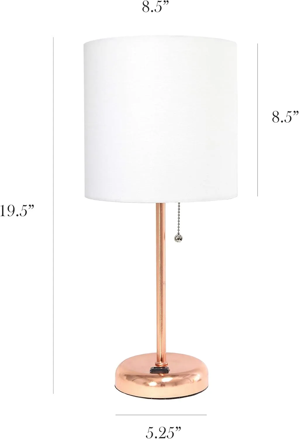 Simple Designs LT2024-RGD Rose Gold Stick Table Desk Lamp with Charging Outlet and Drum Fabric Shade, White Shade