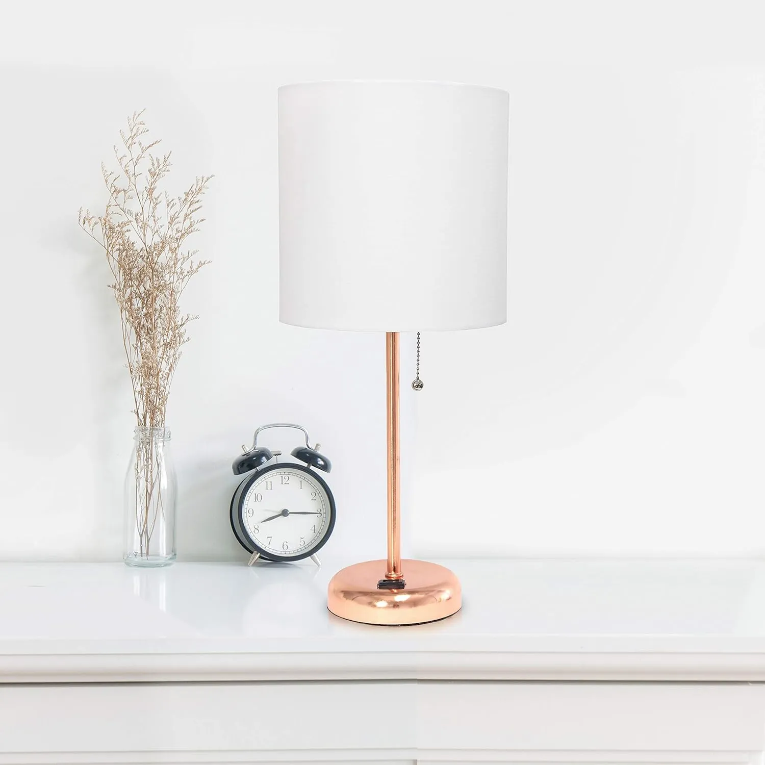 Simple Designs LT2024-RGD Rose Gold Stick Table Desk Lamp with Charging Outlet and Drum Fabric Shade, White Shade