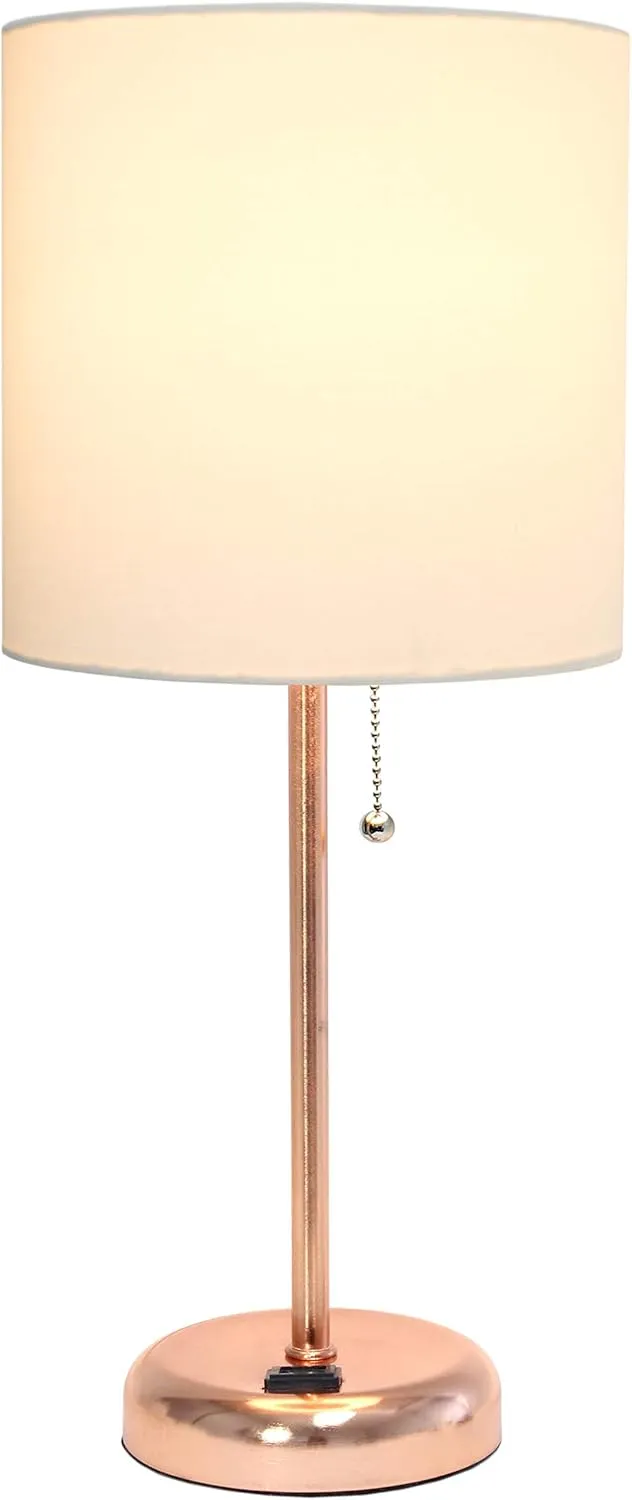 Simple Designs LT2024-RGD Rose Gold Stick Table Desk Lamp with Charging Outlet and Drum Fabric Shade, White Shade