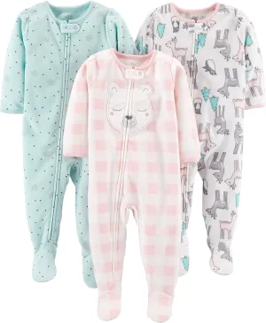 Simple Joys by Carter's Toddlers and Baby Girls' Loose-Fit Flame Resistant Fleece Footed Pajamas, Pack of 3