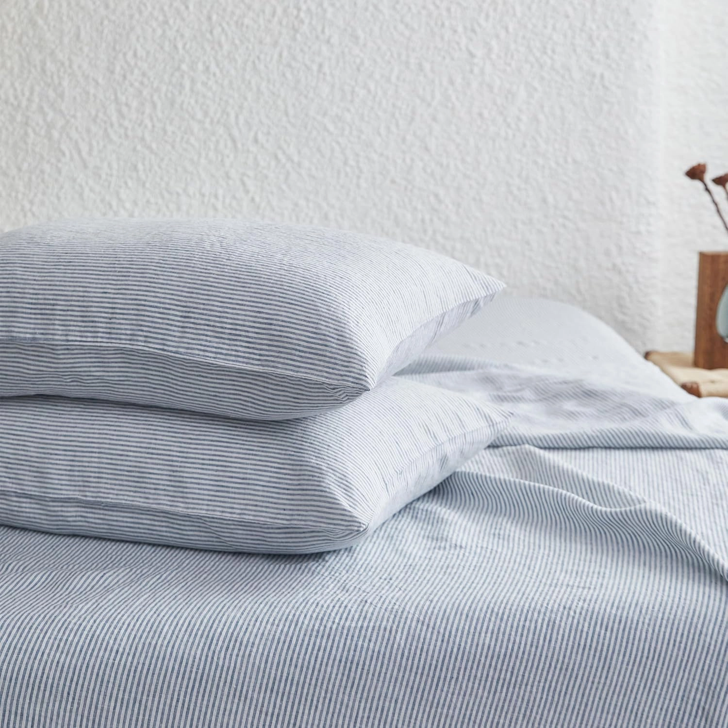 Simple&Opulence 100% Linen Sheets with Stripe King Size, 4 Pieces Breathable European Flax Pure Washed Bed Sheet Set with 14" Fitted Sheet, 1 Flat Sheet,2 Pillowcases(Vertical Stripes Blue)