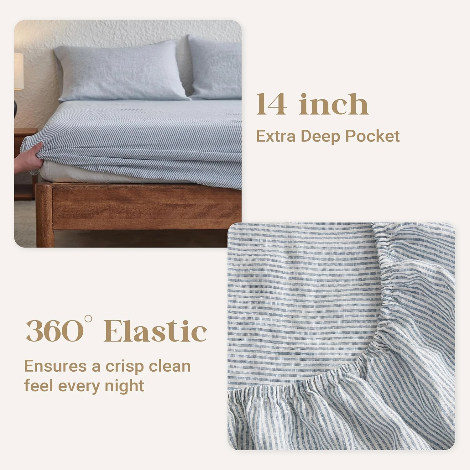 Simple&Opulence 100% Linen Sheets with Stripe King Size, 4 Pieces Breathable European Flax Pure Washed Bed Sheet Set with 14" Fitted Sheet, 1 Flat Sheet,2 Pillowcases(Vertical Stripes Blue)