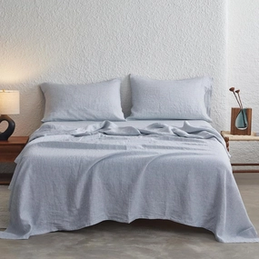 Simple&Opulence 100% Linen Sheets with Stripe King Size, 4 Pieces Breathable European Flax Pure Washed Bed Sheet Set with 14" Fitted Sheet, 1 Flat Sheet,2 Pillowcases(Vertical Stripes Blue)