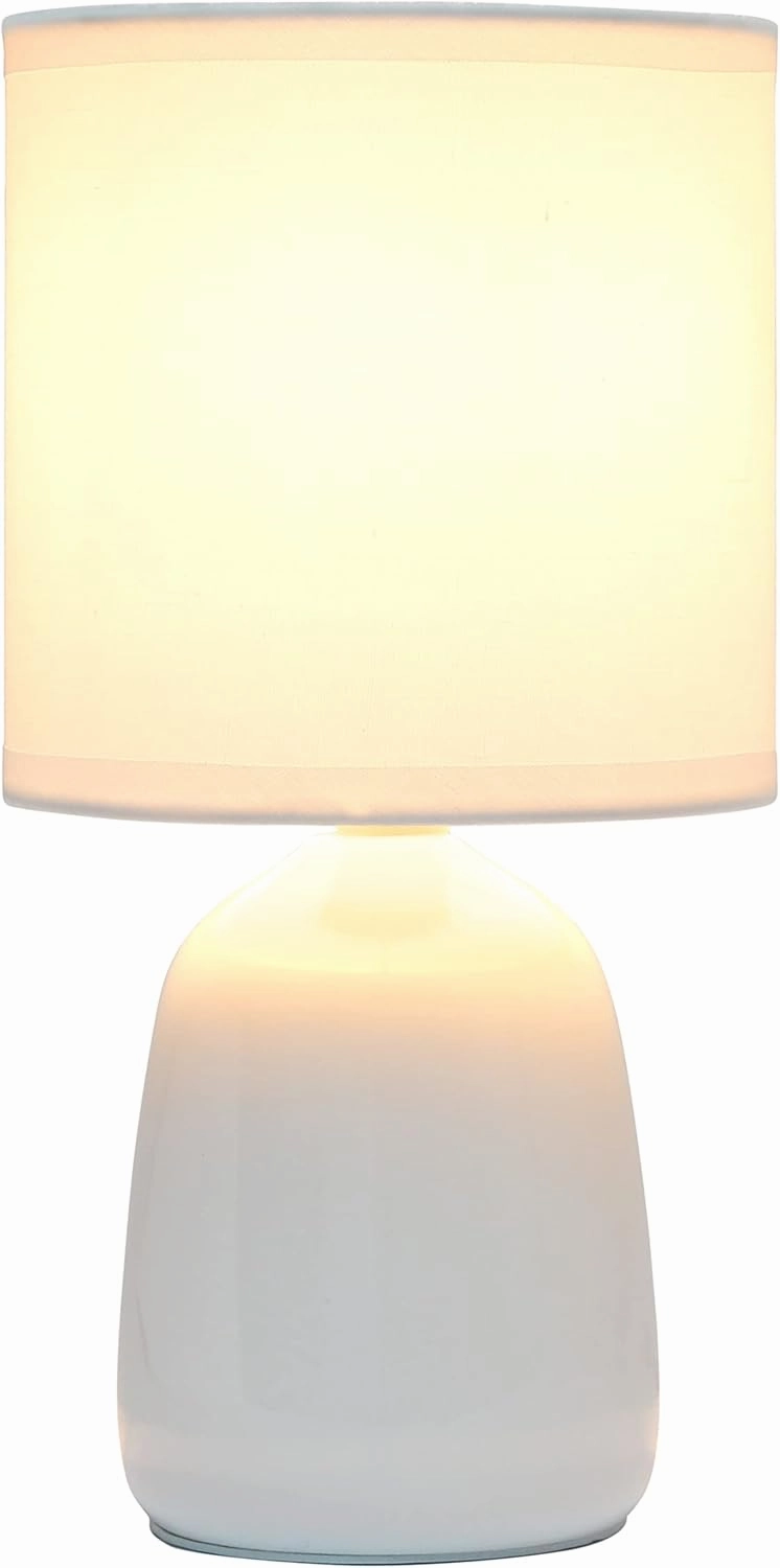 Simple Designs LT1134-OFF 10.04" Tall Traditional Ceramic Thimble Base Bedside Table Desk Lamp w Matching Fabric Shade for Home Decor, Nightstand, Bedroom, Living Room, Entryway, Office, Off White