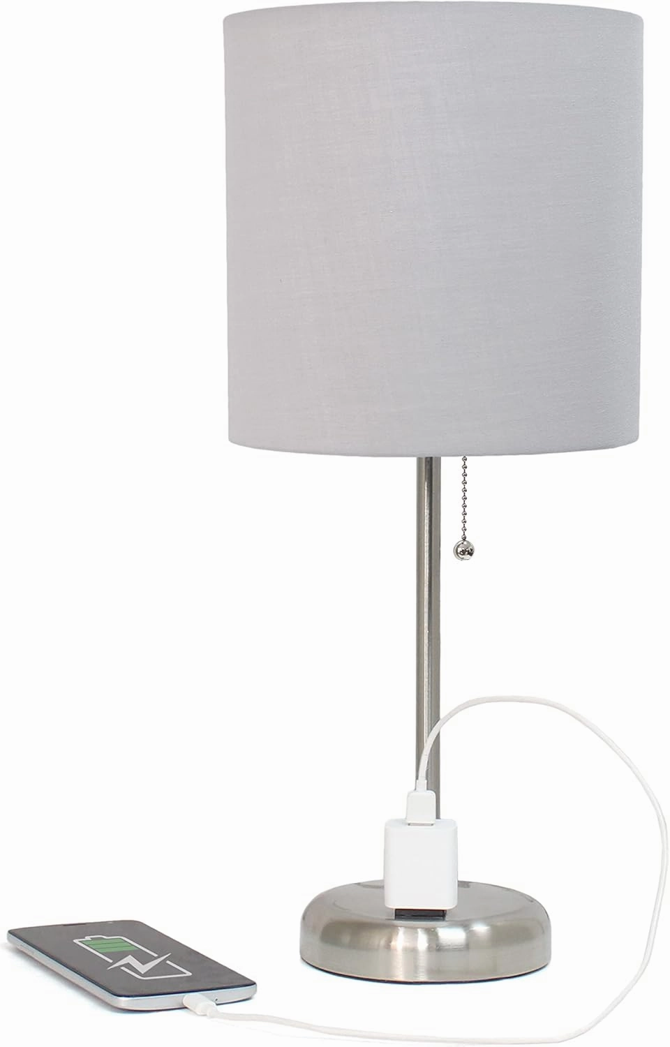 Simple Designs LT2024-GRY-LB 19.5" Brushed Steel Stick Table Desk Lamp with Charging Outlet and Drum Fabric Shade for Living Room, Hallway, Nightstand, Office, Gray Shade, with Feit LED Bulb Included