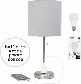 Simple Designs LT2024-GRY-LB 19.5" Brushed Steel Stick Table Desk Lamp with Charging Outlet and Drum Fabric Shade for Living Room, Hallway, Nightstand, Office, Gray Shade, with Feit LED Bulb Included