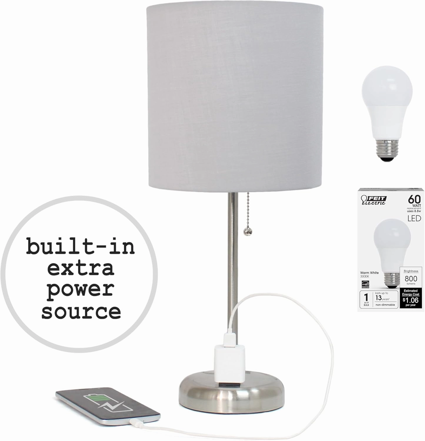 Simple Designs LT2024-GRY-LB 19.5" Brushed Steel Stick Table Desk Lamp with Charging Outlet and Drum Fabric Shade for Living Room, Hallway, Nightstand, Office, Gray Shade, with Feit LED Bulb Included