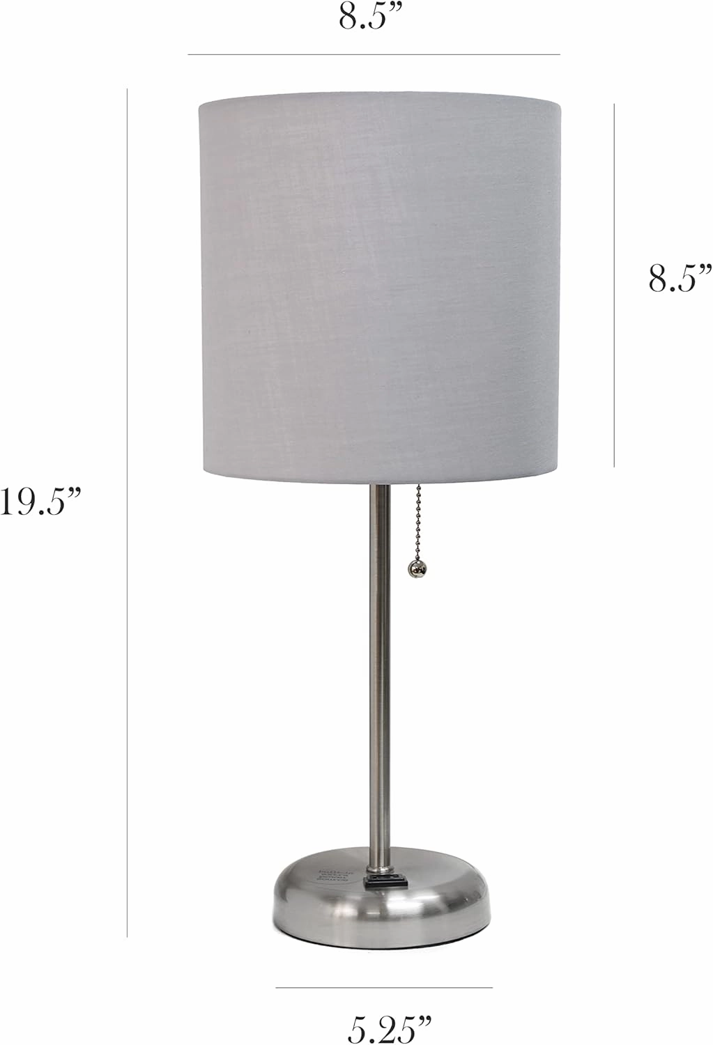 Simple Designs LT2024-GRY-LB 19.5" Brushed Steel Stick Table Desk Lamp with Charging Outlet and Drum Fabric Shade for Living Room, Hallway, Nightstand, Office, Gray Shade, with Feit LED Bulb Included