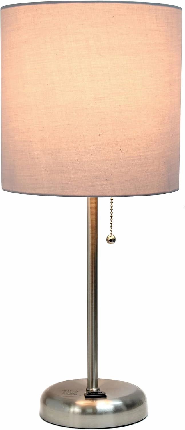 Simple Designs LT2024-GRY-LB 19.5" Brushed Steel Stick Table Desk Lamp with Charging Outlet and Drum Fabric Shade for Living Room, Hallway, Nightstand, Office, Gray Shade, with Feit LED Bulb Included