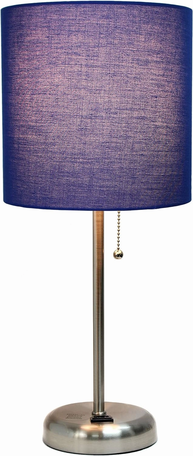Simple Designs LT2024-NAV-LB Brushed Steel Stick Table Desk Lamp with Charging Outlet and Drum Fabric Shade for Living Room, Hallway, Nightstand, Office, Navy Blue Shade, with Feit LED Bulb Included