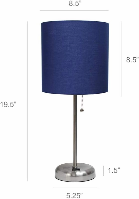 Simple Designs LT2024-NAV-LB Brushed Steel Stick Table Desk Lamp with Charging Outlet and Drum Fabric Shade for Living Room, Hallway, Nightstand, Office, Navy Blue Shade, with Feit LED Bulb Included