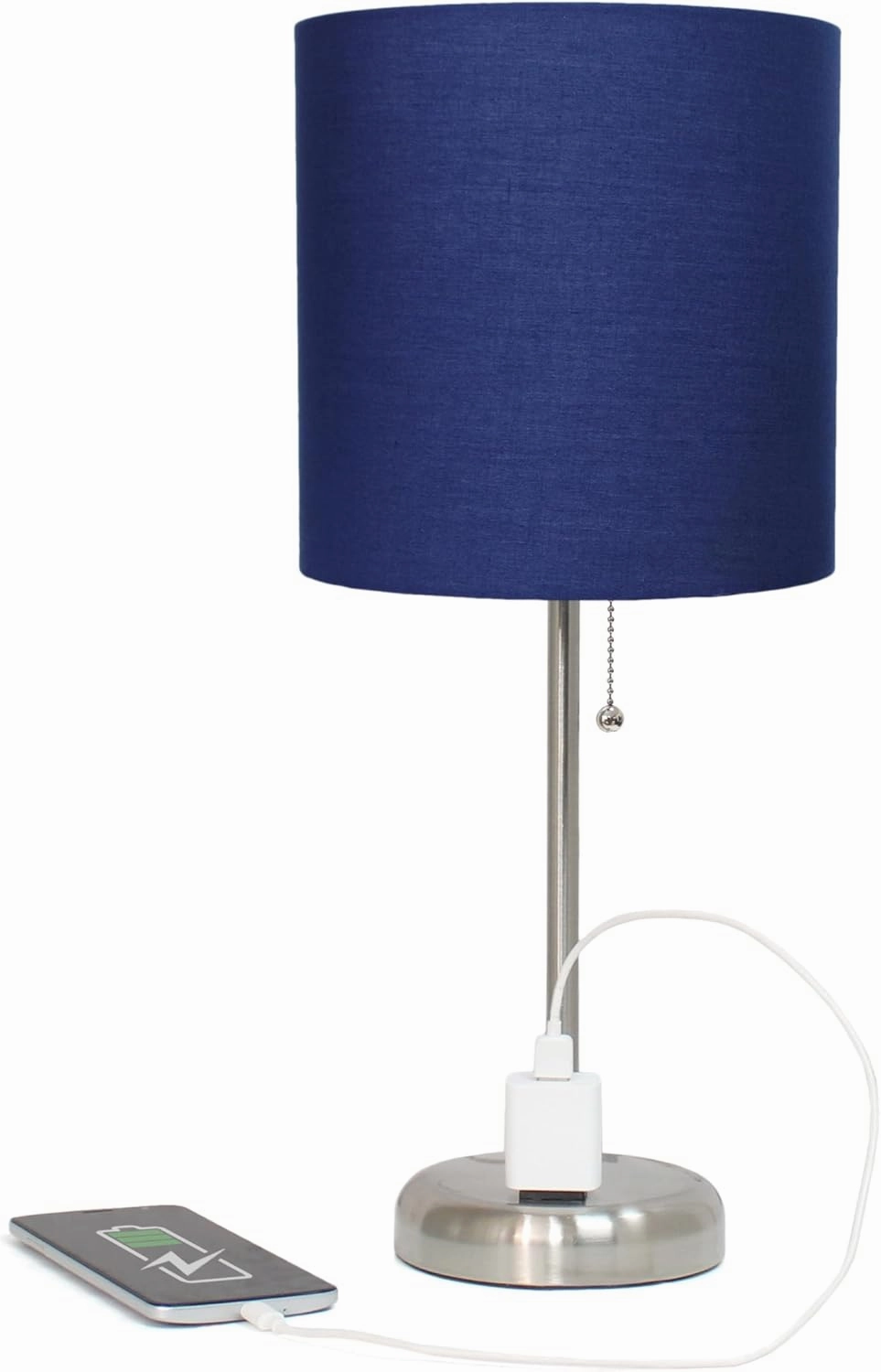 Simple Designs LT2024-NAV-LB Brushed Steel Stick Table Desk Lamp with Charging Outlet and Drum Fabric Shade for Living Room, Hallway, Nightstand, Office, Navy Blue Shade, with Feit LED Bulb Included