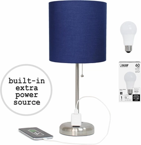Simple Designs LT2024-NAV-LB Brushed Steel Stick Table Desk Lamp with Charging Outlet and Drum Fabric Shade for Living Room, Hallway, Nightstand, Office, Navy Blue Shade, with Feit LED Bulb Included