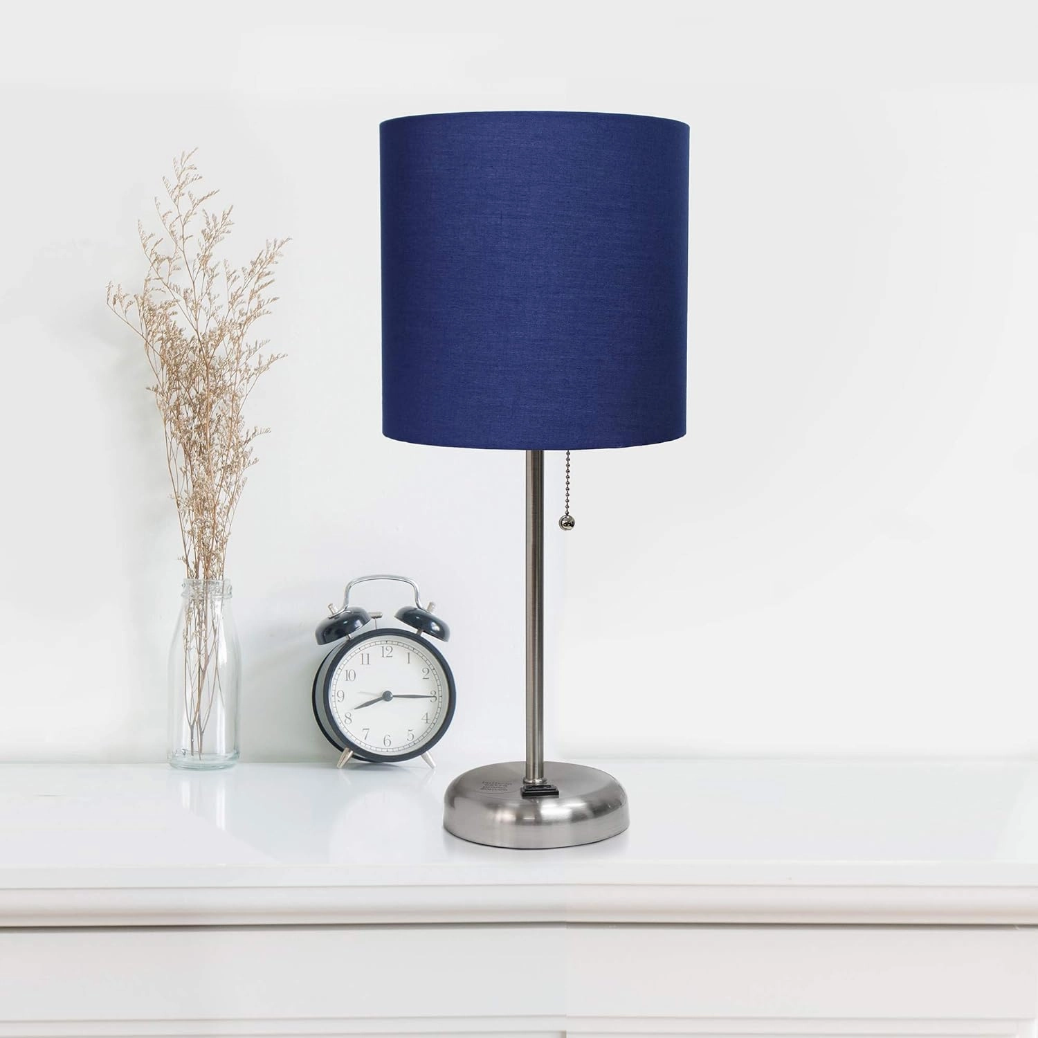 Simple Designs LT2024-NAV-LB Brushed Steel Stick Table Desk Lamp with Charging Outlet and Drum Fabric Shade for Living Room, Hallway, Nightstand, Office, Navy Blue Shade, with Feit LED Bulb Included