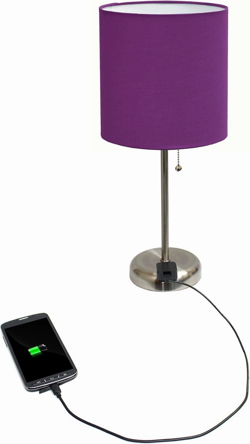 Simple Designs LT2024-PRP Brushed Steel Stick Table Desk Lamp with Charging Outlet and Drum Fabric Shade, Purple