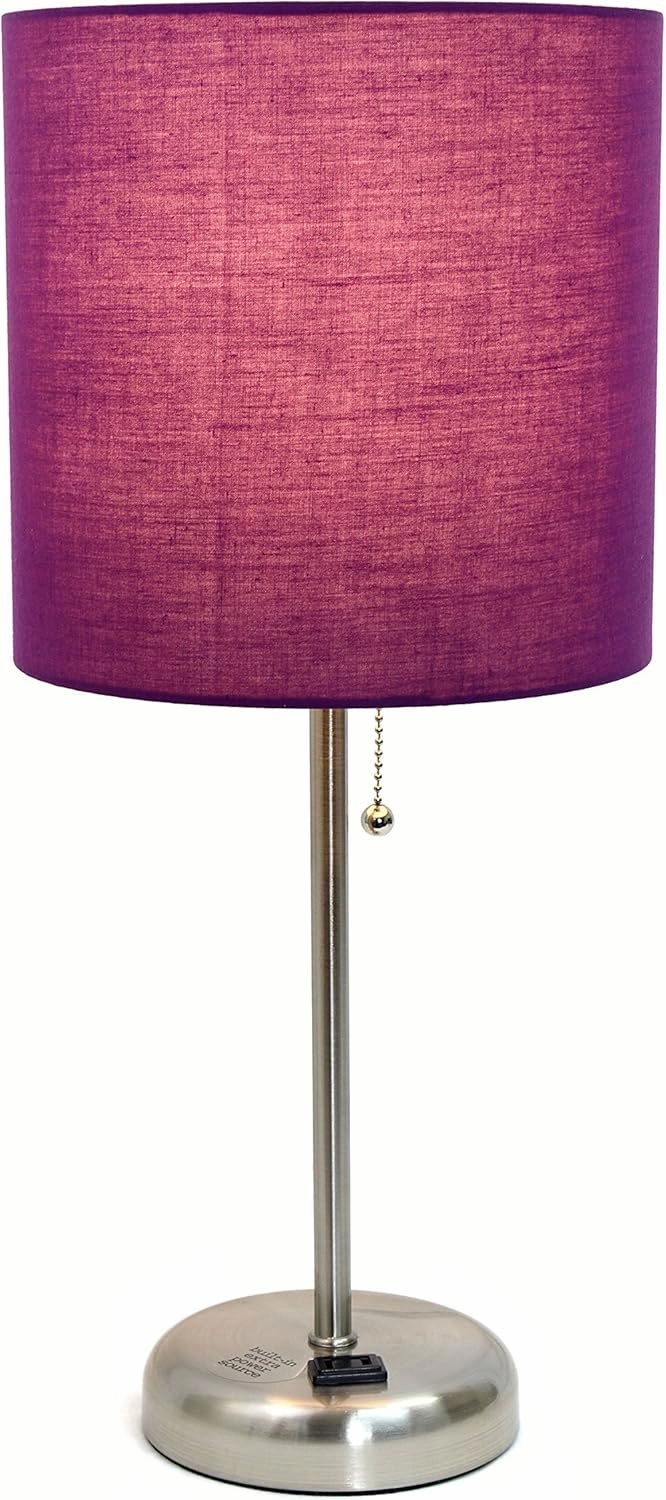Simple Designs LT2024-PRP Brushed Steel Stick Table Desk Lamp with Charging Outlet and Drum Fabric Shade, Purple